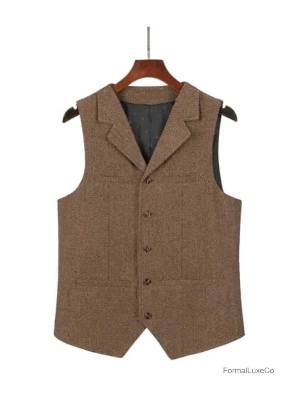 Men's Tweed Suit Vest Herringbone Wool Prom Waistcoat Groomsmen 5 Button